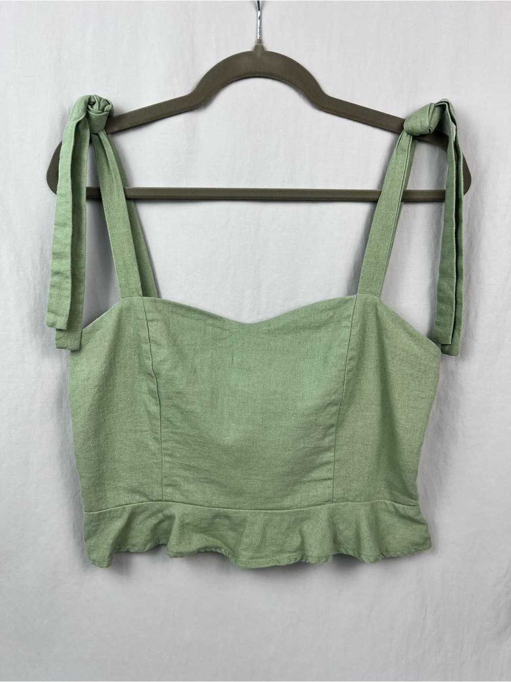 Sage Green Linen-Blend Tie-Strap Smocked Ruffle Peplum Crop Top Boho Cottagecore